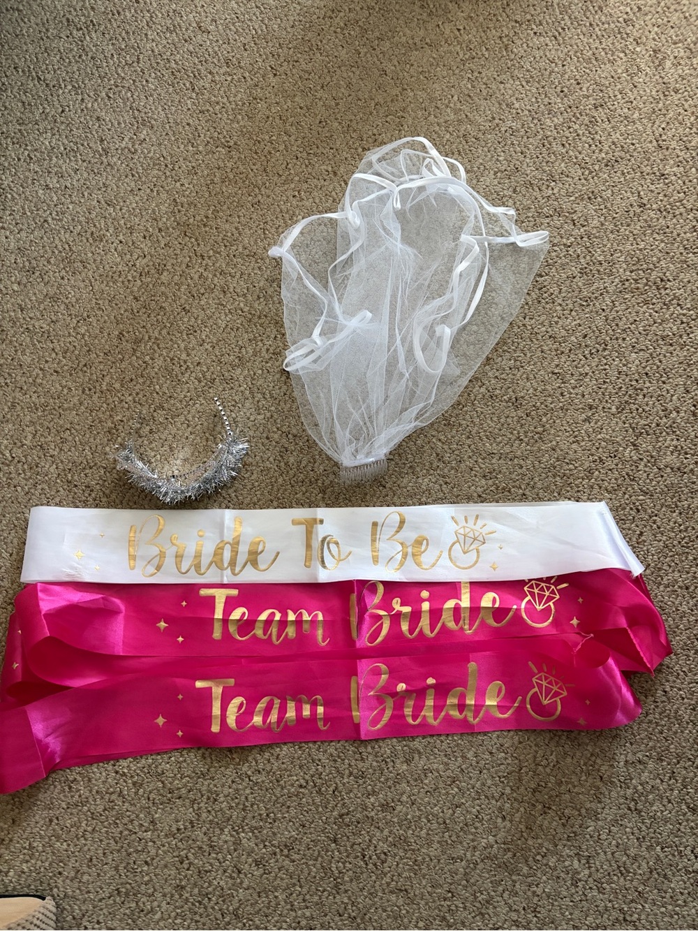Bride To Be White Sash & Hot Pink Team Bride Sashes with Veil and Tiara